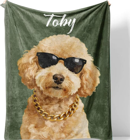 Custom Pet Portrait Blanket Personalized Fleece Throw Blankets with Dog Cat Watercolor Photo & Name Cute Cozy Soft Warm Unique Gift Ideas for Pets Lover Dog's Dad Mom