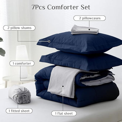 JOLLYVOGUE Queen Comforter Set, Ultra-Soft Bed in a Bag Queen Size 7 Pieces, Oeko-TEX Certified Bedding Set with Down Alternative Comforter, Sheets, Pillowcases & Shams, Navy Blue & Light Grey