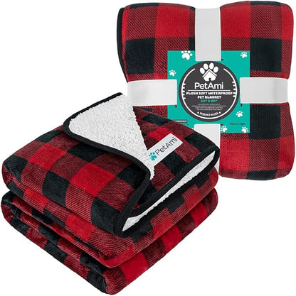 PetAmi Waterproof Dog Blanket Sherpa Fleece, Pet for Medium Large Dogs, Reversible Cat Throw Bed Couch Sofa Furniture Protector, Soft Plush Microfiber (X-Large 60x80, Checker Red) Checkered Red