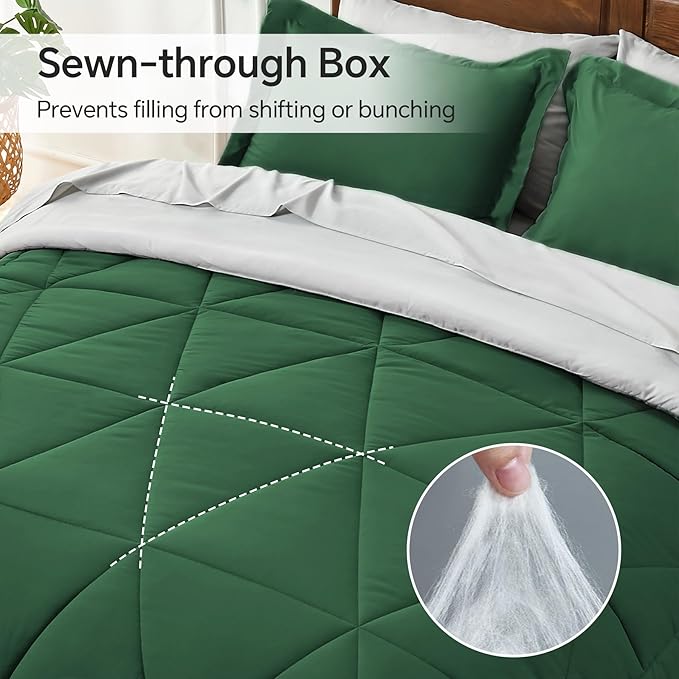 BEDELITE Full Comforter Set 7 Pieces Bed in A Bag - Soft Microfiber Reversible Dark Green Bed Set with Comforters, Sheets, Pillowcases & Shams, Cozy Luxury Bedding Sets for All Season