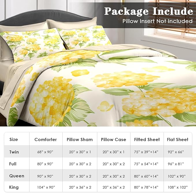 Comforter Set King Size, Flower Yellow Hydrangea 7 Pcs Bedding for Kids and Adults, Floral Summer Rustic Bed Sheet Sets with Fitted Sheet 2 Pillowcases & 2 Shams for Bedroom Bed Decor