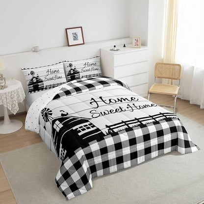 Rustic Cabin Comforter Set Queen Country Farmhouse Bedding Set Black White Buffalo Plaid Check Bedding Comforter Sets For Kids Boys Girls Farm Animal Windmill Quilt Set Western Decor 2 Pillow Cases