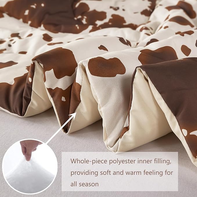 PERFEMET Cow Print King Size Comforter Set Brown and Beige Western Bedding Set Cartoon Animal Pattern Farmhouse Bed Set for Teens Boys Girls Men Women (Beige,King)