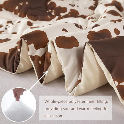 PERFEMET Cow Print King Size Comforter Set Brown and Beige Western Bedding Set Cartoon Animal Pattern Farmhouse Bed Set for Teens Boys Girls Men Women (Beige,King)