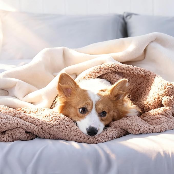 Makigued Waterproof Dog Blanket for Couch & Bed, Reversible Sherpa Fleece Pet Throw with Quiet TPU Barrier, Machine Washable Furniture Protector for Large Dogs & Cats, Queen Size 80x90 Inch, Cream