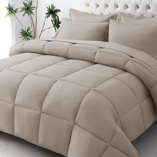 JOLLYVOGUE Full Comforter Set, Ultra-Soft Bed in a Bag Full Size 7 Pieces, Oeko-TEX Certified Bedding Set with Down Alternative Comforter, Sheets, Pillowcases & Shams, Khaki