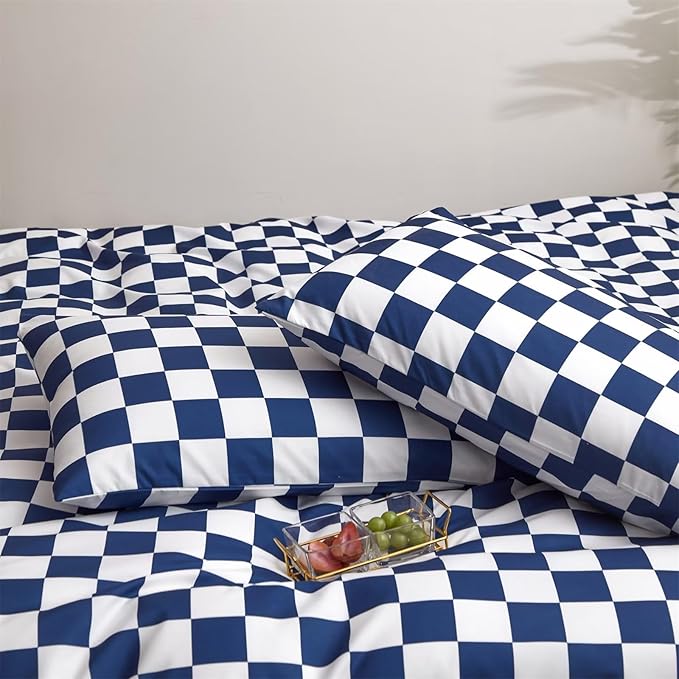 Houseri Royal Blue White Plaid Comforter Set Twin Size Boys Girls Bright Blue Grid Bedding Comforters Kids Deep Ocean Blue Checkerboard Bedding Sets Twin Dark Blue Checkered Gingham Comforter Set Twin