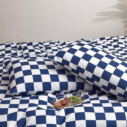 Houseri Royal Blue White Plaid Comforter Set Twin Size Boys Girls Bright Blue Grid Bedding Comforters Kids Deep Ocean Blue Checkerboard Bedding Sets Twin Dark Blue Checkered Gingham Comforter Set Twin