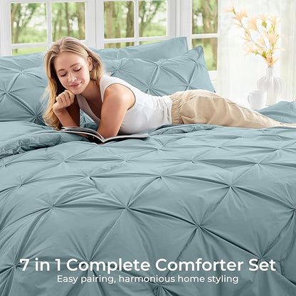 Sasttie California King Comforter Set, 7-Piece Bed in a Bag, Pintuck Bedding Sets for All Season, Includes Comforter, Flat Sheet, Fitted Sheet, Pillowcases and Pillowshams, Greyish Blue