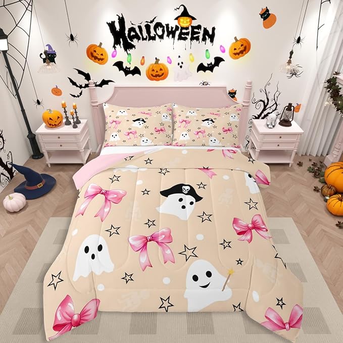 Erosebridal Halloween Ghost Comforter Set Toddler, Pink Bows Bedding Set, Halloween Decor Kawaii Bowknot Comforter, White Polka Dotstar Star Quilt with 1 Pillowcase for Kids Girls Women