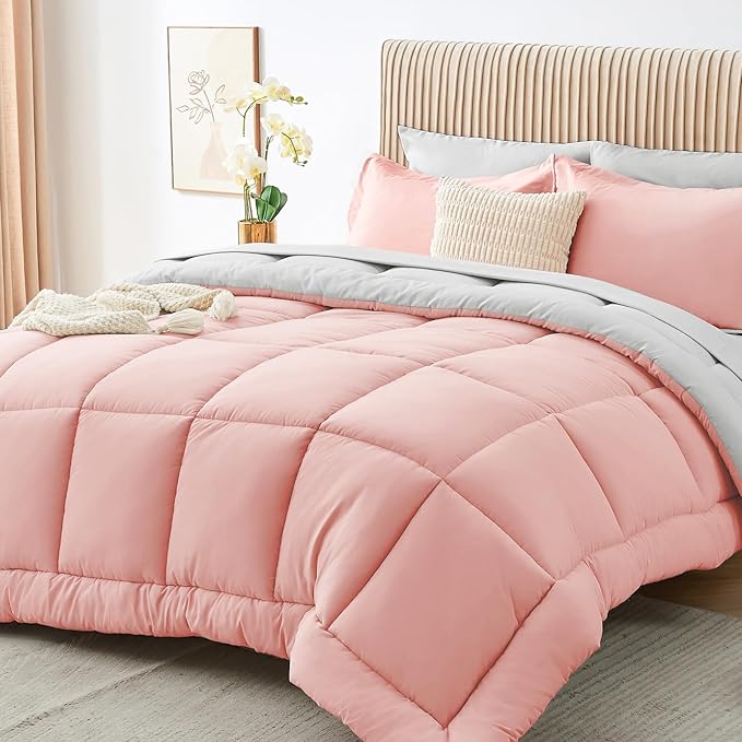 Sasttie King Size Comforter Set, 7 Pieces Reversible Bed in a Bag King, Complete Bedding Set Includes Comforter, Flat Sheet, Fitted Sheet, Pillowcases and Pillow Shams, Pink & Light Grey