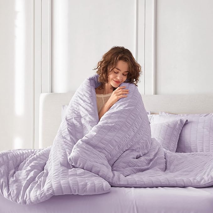 MUXHOMO 7 Pieces King Comforter Set, Seersucker Bed in a Bag King Size, All Season Luxury Bedding Set with Comforter, Flat Sheet, Fitted Sheet, Pillowcases & Shams, Lavender