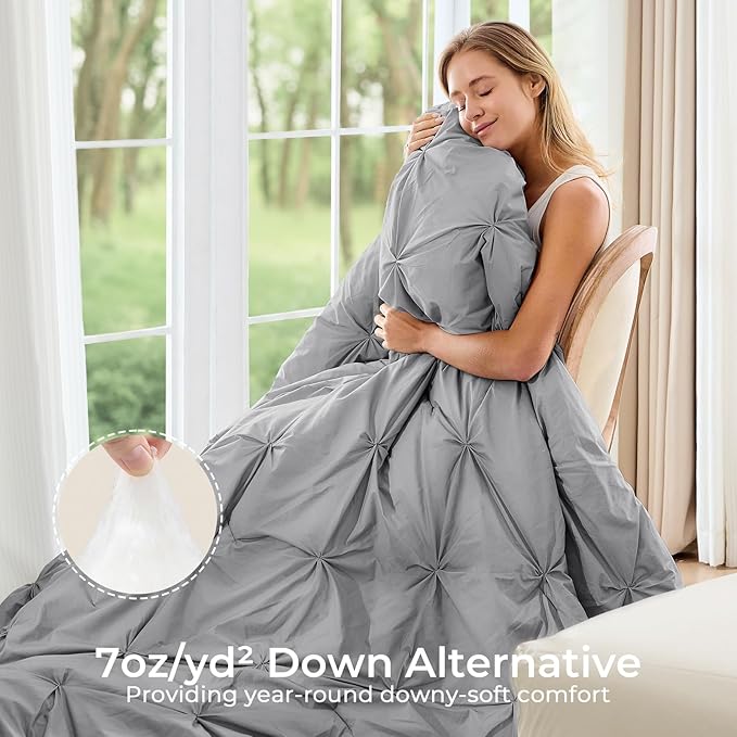 Sasttie Twin Comforter Set, 5-Piece Bed in a Bag, Pintuck Bedding Sets for All Season, Includes Comforter, Flat Sheet, Fitted Sheet, Pillowcase and Pillowsham, Light Grey