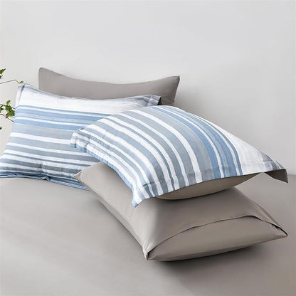 KAKIJUMN 5 Piece Bed in a Bag Stripe Comforter Set Twin Size, White Grey Blue Striped Comforter and Sheet Set, All Season Soft Microfiber Complete Bedding Set(Light Blue,Twin)