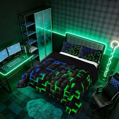 Erosebridal Geometric Checkered Comforter Set Toddler Neon Blue Green Bedding Set for Kids Boys Teen Gamer Room Decor,Abstract Ombre Plaid Comforter Grids Quilt Duvet Black