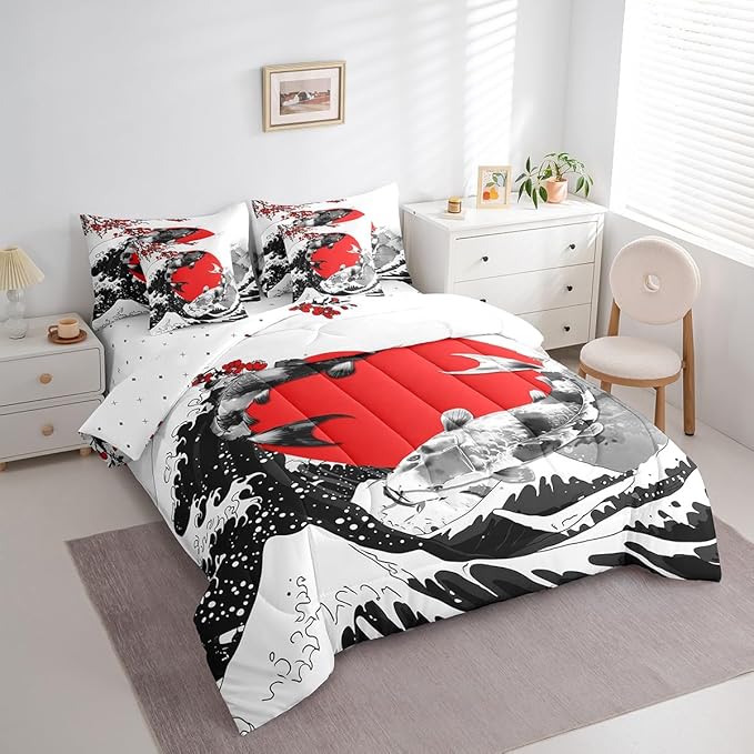 Erosebridal Mount Fuji Bed in a Bag Twin Size Japanese Style Koi Fish Duvet Insert Ukiyo-E Theme 7 Piece Comforter Set Mountain Cherry Blossom Red Sun Ink Painting Flat Fitted Sheet,Black White
