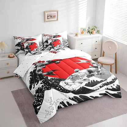 Erosebridal Mount Fuji Bed in a Bag King Size Japanese Style Koi Fish Duvet Insert Ukiyo-E Theme 7 Piece Comforter Set Mountain Cherry Blossom Red Sun Ink Painting Flat Fitted Sheet,Black White
