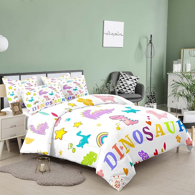 Tailor Shop Twin Bedding Sets for Boys Kids,Dinosaurs Girls Comforter Sets,Cartoon Dinosaurs Bedding Sets,White Lovely Dino Bedding Set,All Season,with 1 Comforter 1 Pillowcase……