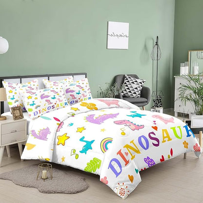Tailor Shop Dinosaurs Bedding Sets - King Size, Comforter Set with 1 Comforter 2 Pillowcases, All Season, Lovely White Dino Bedding