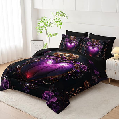 7 Piece Heart Comforter Set Full Purple，Flower Heart Pattern Full Bedding Set，(1 Comforter, 1 Flat Sheet, 1 Fitted Sheet, 2 Pillowcase and 2 Pillow Sham)
