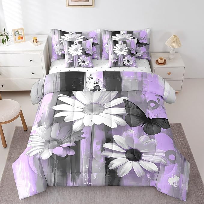 Feelyou Girls Daisy Flower Comforter Set with Sheets Queen Size 7 Pieces Kids Butterfly Floral Bedding Set for Boys Women Teens Purple Black Simple Modern Abstract Art Bed in a Bag Room Decor