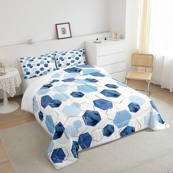 Erosebridal Geometric Hexagon Comforter Twin Navy Blue Bedding Set, Watercolor Honeycomb Down Comforter Abstract Tie Dye Bed Set, Luxury Gold Hexagon Quilted Duvet Microfiber
