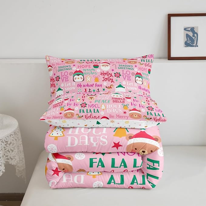 Pink Christmas Girls Bedding Set Twin Size Cute Santa Claus Penguin Cartoon Comforter Set 2pcs for Kids Boys Women Xmas Decor Wild Animals Deer Quilt Set Pink Fantasy Duvet Insert,1 Pillowcase