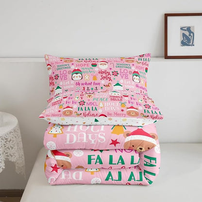 Pink Christmas Girls Bedding Set Twin Size Cute Santa Claus Penguin Cartoon Comforter Set 2pcs for Kids Boys Women Xmas Decor Wild Animals Deer Quilt Set Pink Fantasy Duvet Insert,1 Pillowcase