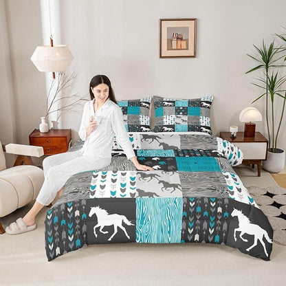 Horse Comforter Set King Size Patchwork Teal Unicorn Bedding Set For Kids Boys Girls Black Gray Wild Horses Wood Grain Down Comforter Geometric Lattice Arrow Grid Animal Room Decor Duvet Set