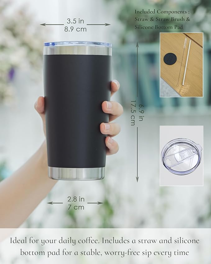 Travel Coffee Tumbler 20oz, 4 Pack Leakproof Travel Coffee Mug with Lid and Straw, Stainless Steel Double Wall Vacuum Insulated Tumbler for Hot/Iced Drinks (Black, Textured Matte)