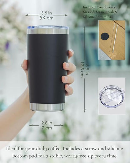 Travel Coffee Tumbler 20oz, 4 Pack Leakproof Travel Coffee Mug with Lid and Straw, Stainless Steel Double Wall Vacuum Insulated Tumbler for Hot/Iced Drinks (Black, Textured Matte)