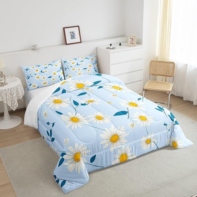 Manfei Cute Daisy Comforter Set King Size, White Flower Blue Leaves Bedding Set 3pcs for Kids Boys Girls Room Decor, Botanical Floral Quilt Set Soft Polyester Duvet Set with 2 Pillowcases