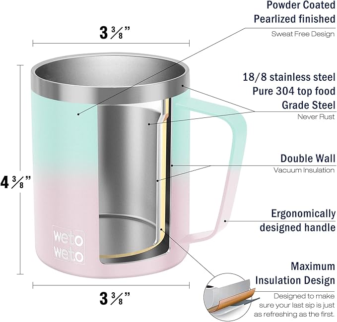 WETOWETO 14 oz Coffee Mug, Vacuum Insulated Camping Mug with Lid, Double Wall Stainless Steel Travel Tumbler Cup, Coffee Mugs Outdoor, Secret Ocean & Sweet Taffy 2 Packs