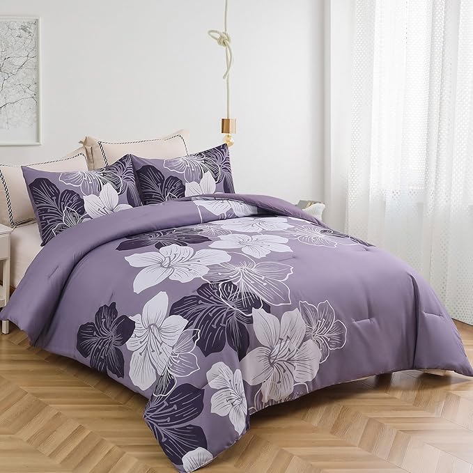 Menghomeus Queen Comforter Set Dark Purple Floral Bedding Comforter Sets - Soft Microfiber Bed Comforter Set for All Season, 3 Piece Botanical Flowers Comforter, Pillowcases