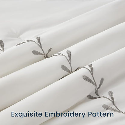 SLEEP ZONE Queen Comforter Set, Luxury Hotel Collection Comforter, 3 Pieces Fluffy Lightweight Down Alternative Duvet Insert with Embroidered Stripes (Olive Leaves, Full/Queen)
