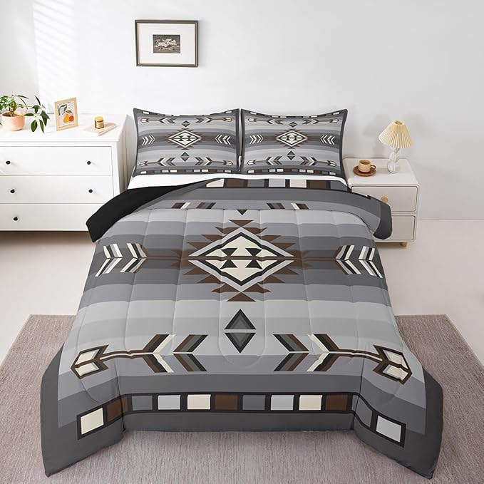 Erosebridal Rustic Western Toddler Comforter Set American Native Southwestern Bedding Set for Boys Men Bohemian Aztec Quilt Bedding Sets Exotic Ethnic Tribal Bed Set Brown Grey Farmhouse Decor 2 Pcs