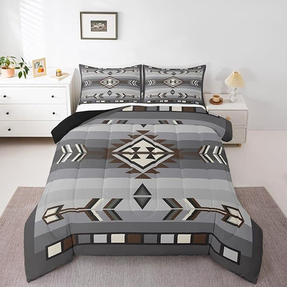 Erosebridal Rustic Western Toddler Comforter Set American Native Southwestern Bedding Set for Boys Men Bohemian Aztec Quilt Bedding Sets Exotic Ethnic Tribal Bed Set Brown Grey Farmhouse Decor 2 Pcs