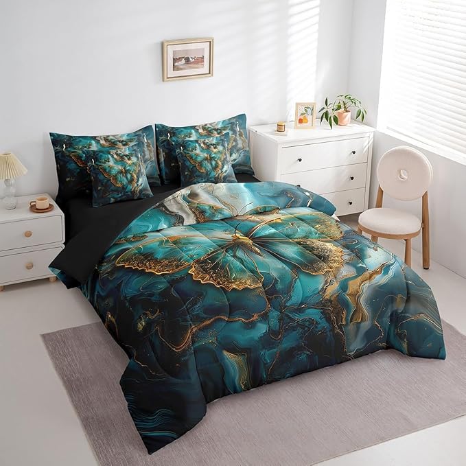 Erosebridal Boho Butterfly King Comforter Set with Sheets 7 Piece,Teal and Gold Marble Gradient Bedding Set Abstract Decor for Bedroom,Trippy Butterfly Bed in a Bag with Pillowcases & Shams