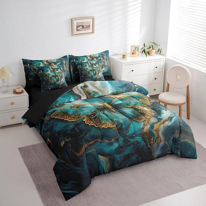 Erosebridal Boho Butterfly King Comforter Set with Sheets 7 Piece,Teal and Gold Marble Gradient Bedding Set Abstract Decor for Bedroom,Trippy Butterfly Bed in a Bag with Pillowcases & Shams