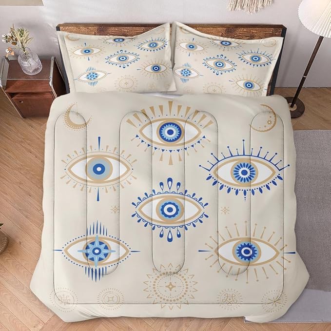 Twin Size Comforter Set with Pillowcase, Bohemian Eye 2 Pcs Bedding for Kids and Adults, Blue Boho Soft Comforter Set for Bedroom Bed Decor