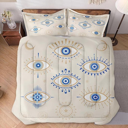 Twin Size Comforter Set with Pillowcase, Bohemian Eye 2 Pcs Bedding for Kids and Adults, Blue Boho Soft Comforter Set for Bedroom Bed Decor