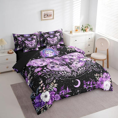 Feelyou Purple Death Moth Bedding Set with Comforter, Boho Moth Comforter Full Size 7Pcs Sun Moon Butterfly Bed in a Bag with Comforter, Boho Floral Flat Sheet, Fitted Sheet, Pillowcases Room Decor
