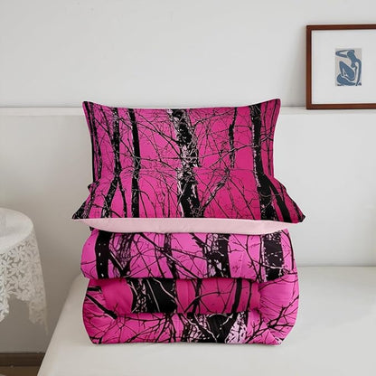 Erosebridal Cabin Lodge Twin Comforter Set,Woodland Rustic Bedding Sets for Girls Boys Kids,Hot Pink Camo Hunting Quilt Bed Set,Vintage Country Room Decor with 1 Pillowcase,Breathable