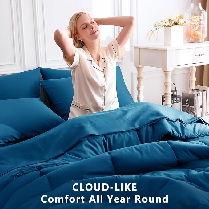 CozyLux Queen Comforter Set Teal, 7 Pieces Bed in a Bag, Teal Comforter Queen Size, All Season Bedding Sets with Stitch Quilted Comforter, Flat Sheet, Fitted Sheet, Pillowcases