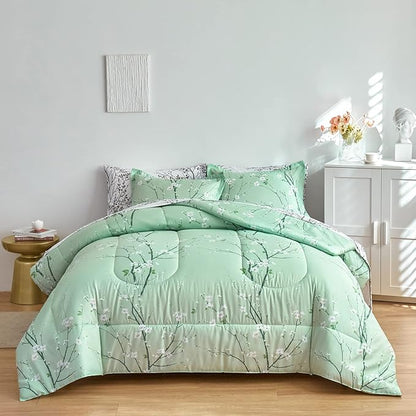 Green Comforter Sheet Set Bed in a Bag 7 Pieces Queen Size Tree Branch Bloom Flower Microfiber Reversible Bedding Set (1 Comforter 2 Pillow Shams 1 Flat Sheet 1 White Fitted Sheet 2 Pillowcases)