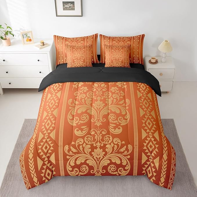 Comforter Set Twin Size, Yellow Aztec Damask 7 Pcs Bedding for Kids and Adults, Victorian Decor Western Baroque Goth Bed Sheet Sets with Fitted Sheet 2 Pillowcases & 2 Shams for Bedroom Bed Decor