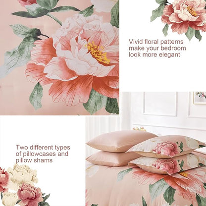 Dobuyly King Size Comforter Set Coral Pink 7 Piece Bed in a Bag, Pink Floral Bedding Set for Girls Women, Soft Microfiber Bed Set with Comforter, Sheets, Pillowcases & Shams