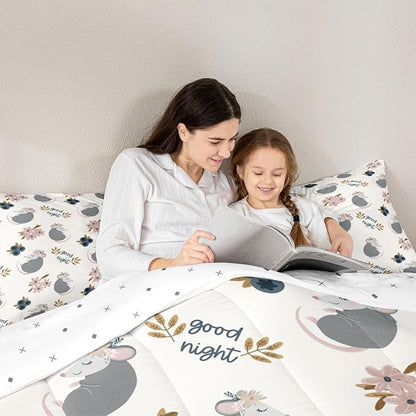 Castle Fairy Cute Opossum 3 Pcs King Size Comforter Set,Cartoon Animals Down Alternative Adults Bedroom Decor,Watercolor Flower Plant Ultra Soft Microfiber Inner Fill 3Pcs Bedding