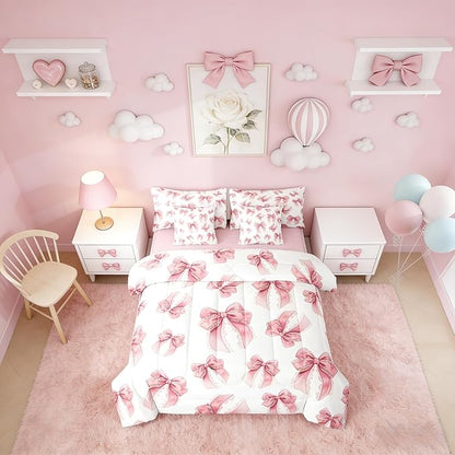 Erosebridal Pink Lace Bowknot Girls 7 Piece Bedding Set Twin | Cute Princess Ribbon Comforter Set with Sheets Kawaii Bow Kids Girly Bed in A Bag Women Teens Adults Bed Sets
