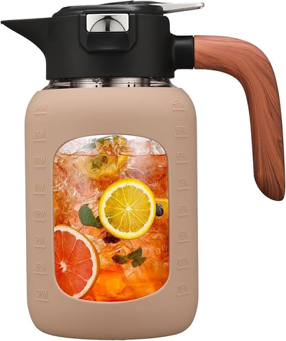 64 oz Glass Pitcher with Lid and Handle, Glass Carafe/Jug for Hot/Cold Water, Large Iced Tea Pitcher for Coffee, Juice and Homemade Beverage